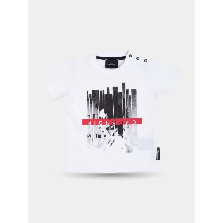 T-shirt John Richmond bianca con stampa punk e banda rossa, vista frontale