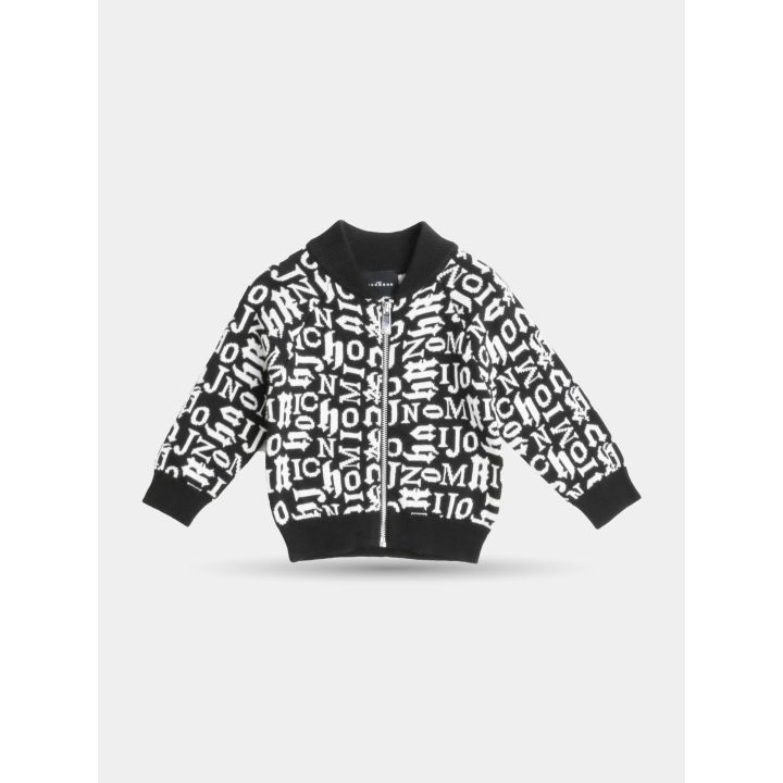 Felpa con zip John Richmond nera con lettere gotiche bianche, vista frontale