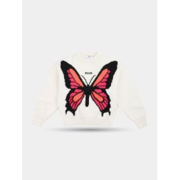 Maglione MSGM bianco da ragazza con farfalla rosa e nera sul davanti
