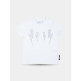 T-shirt Neil Barrett bianca con quattro fulmini grigi sul petto, vista frontale