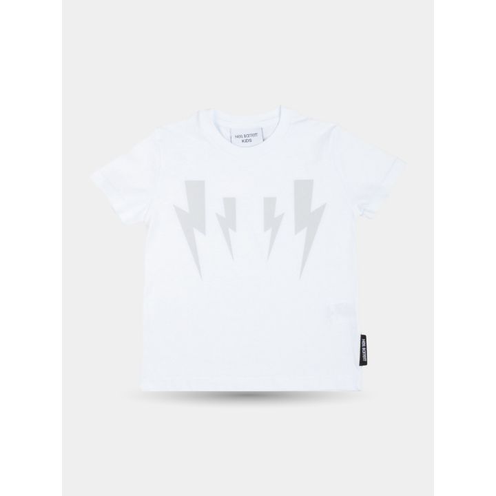 T-shirt Neil Barrett bianca con quattro fulmini grigi sul petto, vista frontale