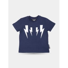T-shirt Neil Barrett blu con quattro fulmini bianchi sul petto, vista frontale
