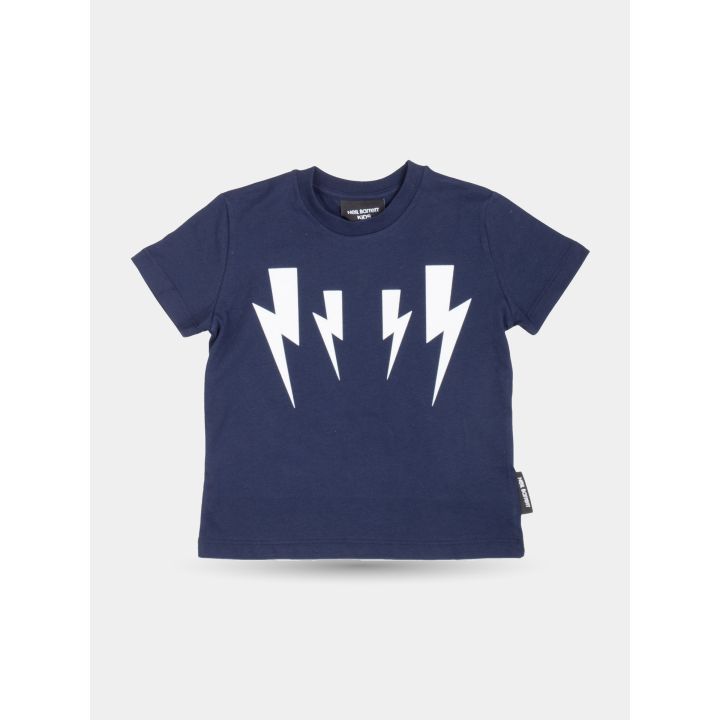 T-shirt Neil Barrett blu con quattro fulmini bianchi sul petto, vista frontale