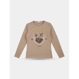 T-shirt Pinko beige a maniche lunghe con cuore, grattacieli e logo dorato, vista frontale