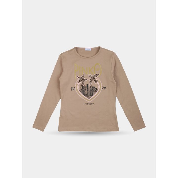T-shirt Pinko beige a maniche lunghe con cuore, grattacieli e logo dorato, vista frontale