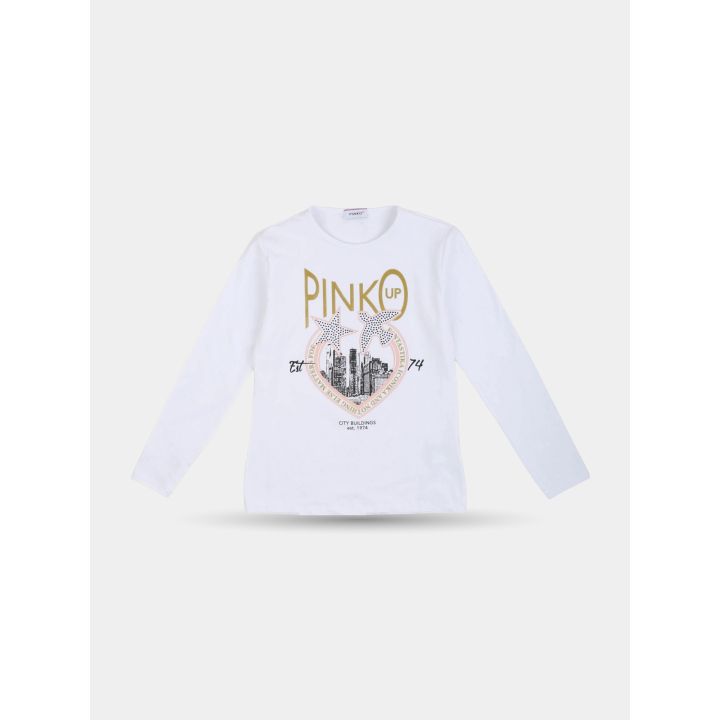 T-shirt Pinko bianca con stella e rondine in brillantini e logo dorato, vista frontale