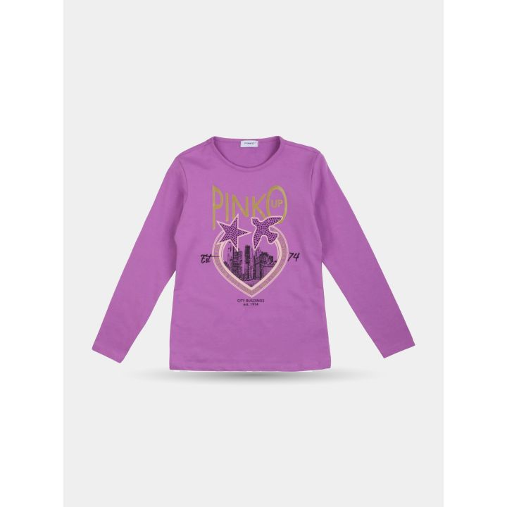 T-shirt Pinko viola con cuore, grattacieli, stella e rondine in brillantini, vista frontale