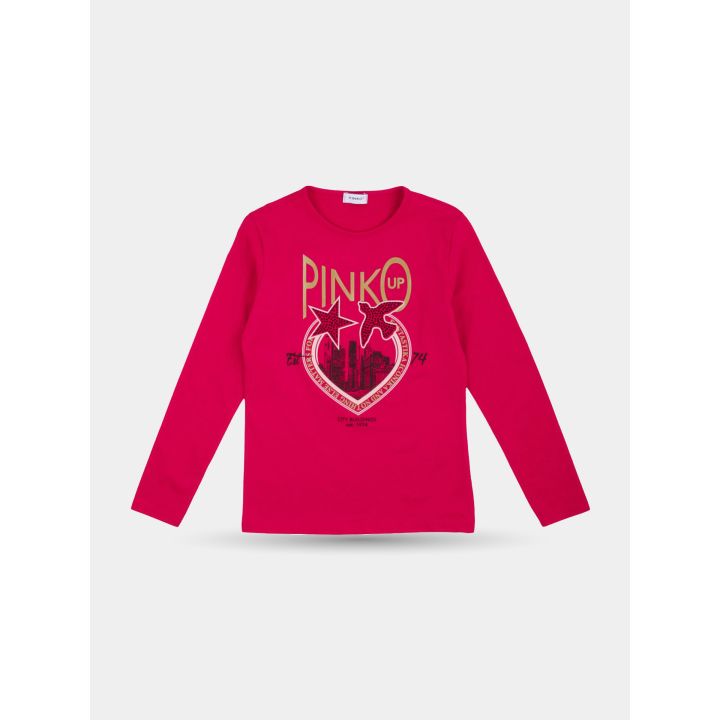 T-shirt Pinko fucsia con logo dorato, stella e rondine in brillantini, vista frontale