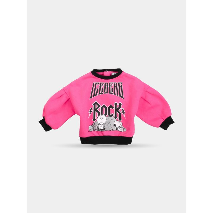 Felpa Iceberg rosa da neonata vista frontale con stampa Rock e Snoopy