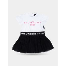 Abito John Richmond neonata bianco e nero con gonna in tulle, vista frontale