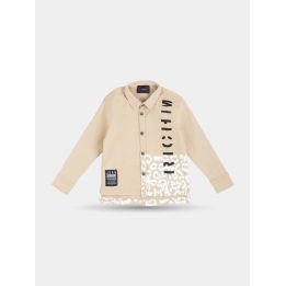 Camicia John Richmond marrone chiaro con scritta nera e stampa maculata, davanti