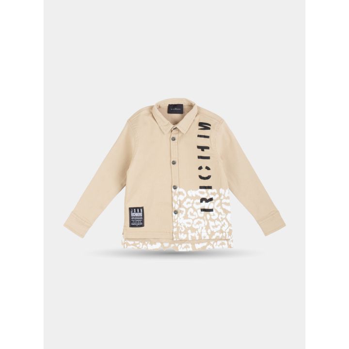 Camicia John Richmond marrone chiaro con scritta nera e stampa maculata, davanti