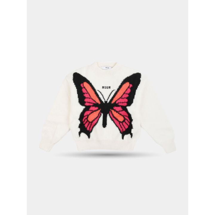 Maglione bianco MSGM con grande farfalla rosa, vista frontale
