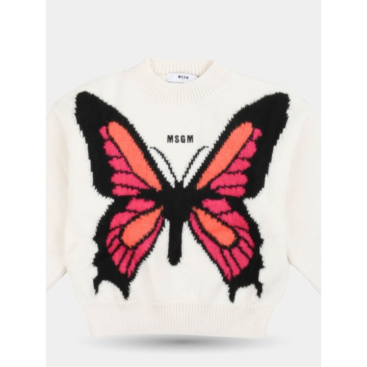 Dettaglio della farfalla rosa e arancione e del logo MSGM
