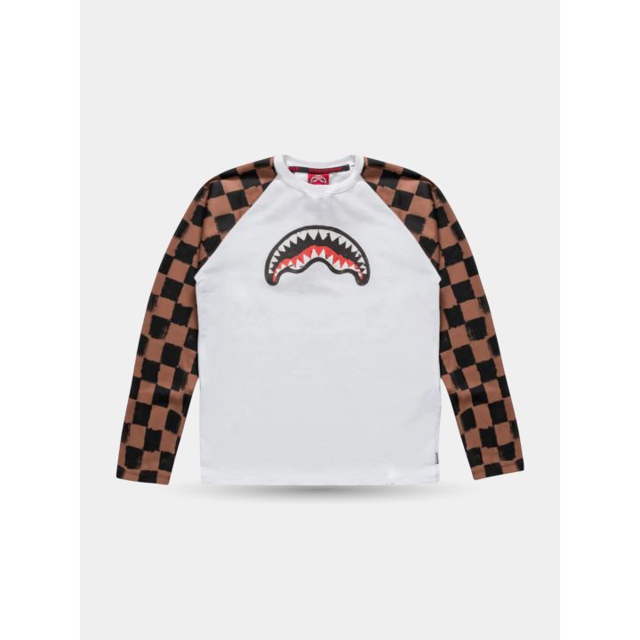 Maglia Sprayground bianca a manica lunga vista frontale con maniche a scacchi