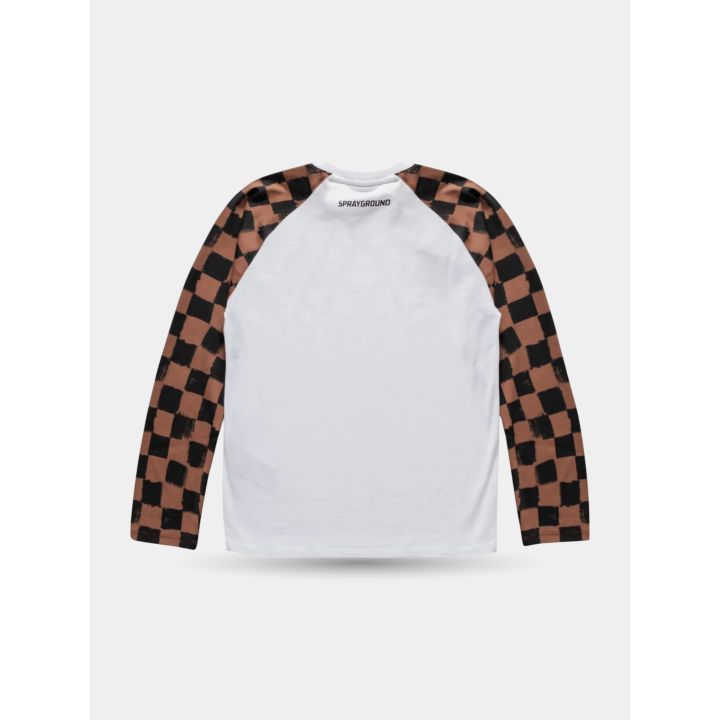 Retro della maglia bianca con maniche raglan a scacchi marroni