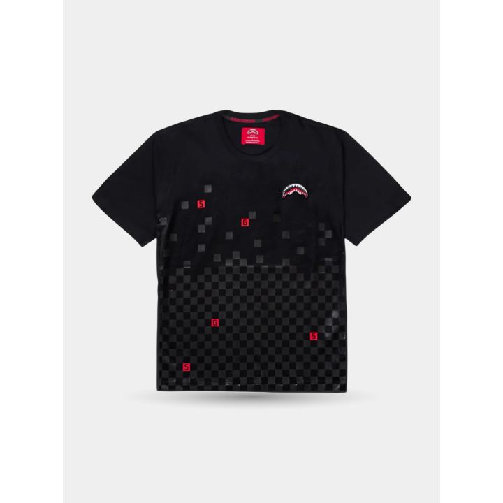 T-shirt Sprayground nera Pixel Checkered vista frontale con squalo sul petto