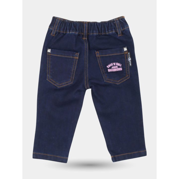 Retro del jeans blu scuro con vita elastica e ricamo rosa sulla tasca