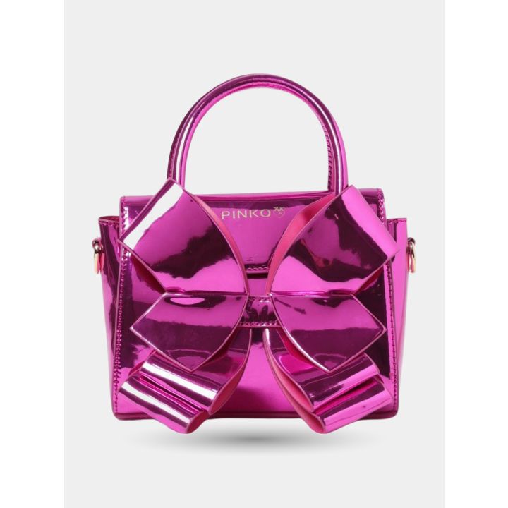 Borsa Pinko Up rosa fucsia metallizzata con grande fiocco, vista frontale