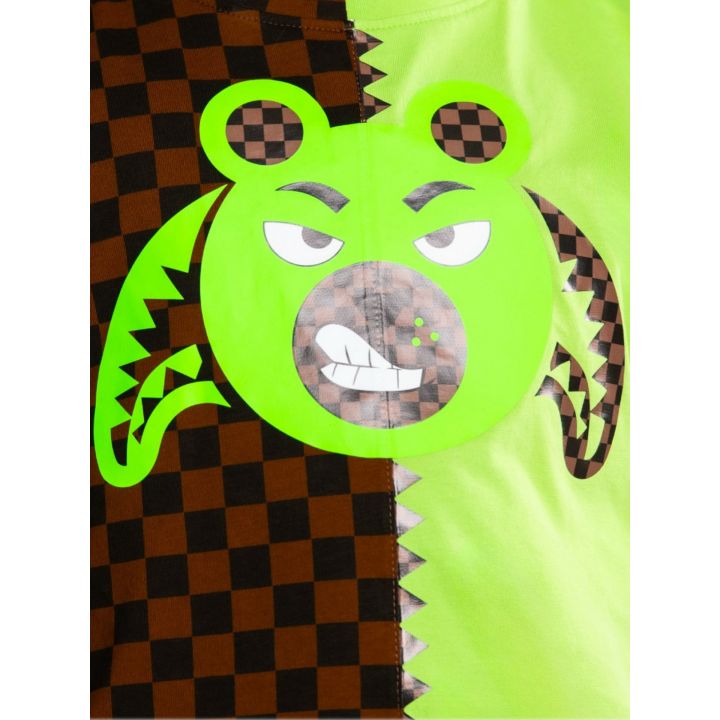 Dettaglio del Money Bear verde fluo con orecchie a scacchi