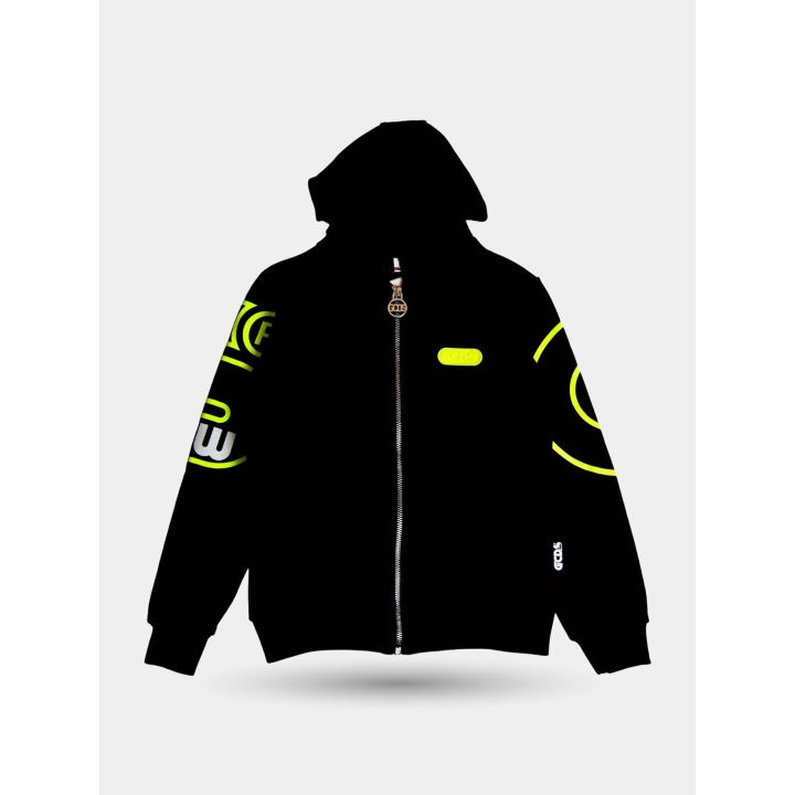 Felpa con zip e cappuccio GCDS nera vista frontale con logo giallo fluo