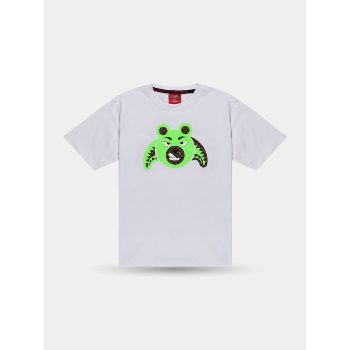 T-shirt Sprayground bianca vista frontale con orso verde fluo