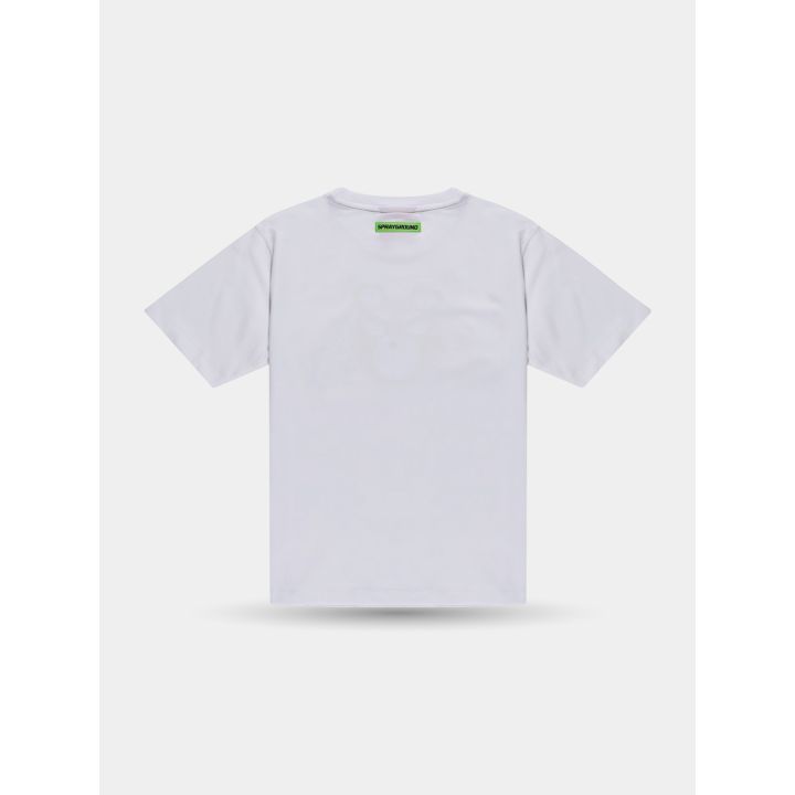 Retro liscio della t-shirt bianca con etichetta verde sotto il collo