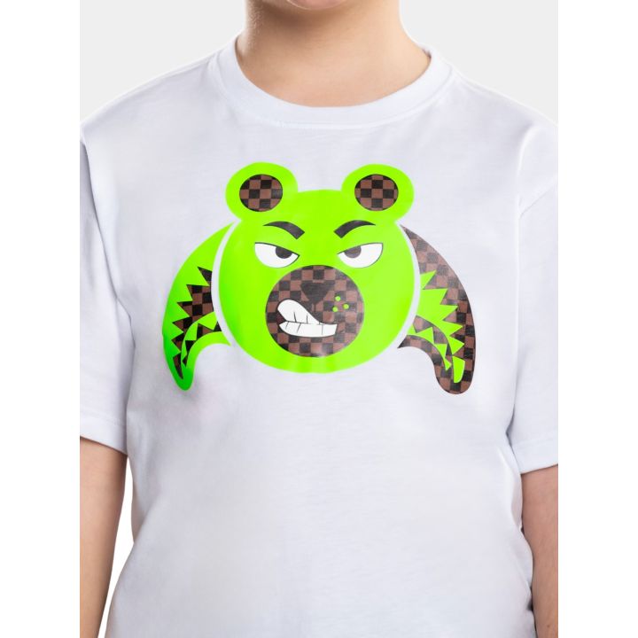 Dettaglio del Money Bear verde fluo con muso e orecchie a scacchi