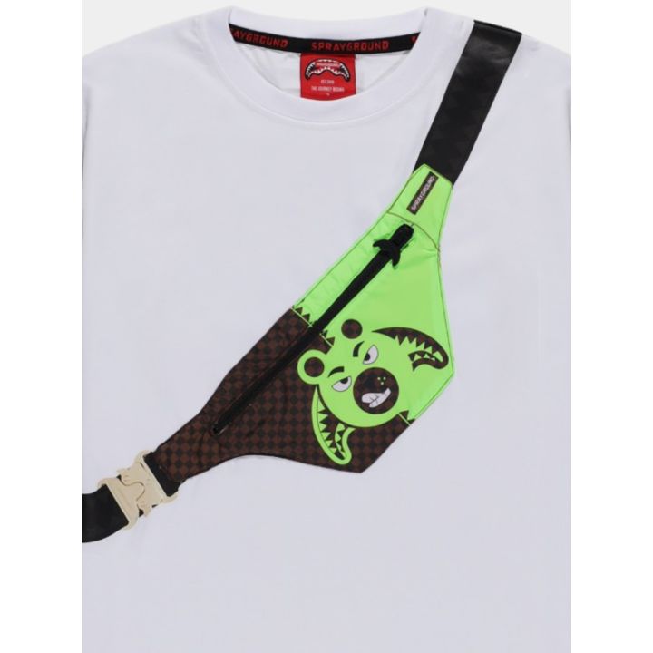 Dettaglio del marsupio stampato con Money Bear verde fluo e tasca con zip