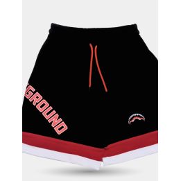 Pantaloncini Sprayground neri vista frontale con scritta Ground e bande rosse e bianche