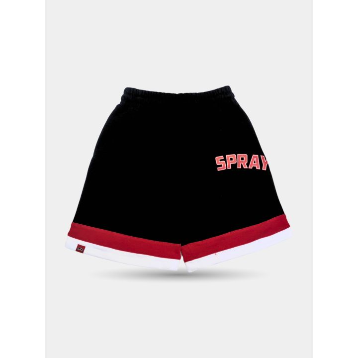 Pantaloncini Sprayground neri visti di tre quarti con fondo a bande