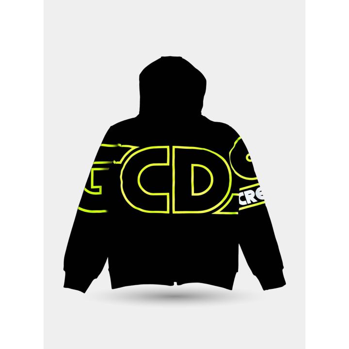 Retro della felpa GCDS nera con maxi logo giallo fluo sulla schiena