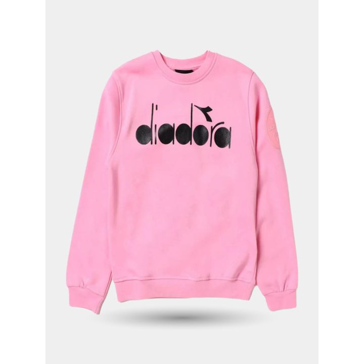 Felpa Diadora rosa da bambina con logo nero e toppa sulla manica, davanti