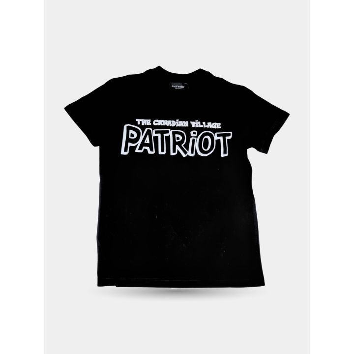 T-shirt Patriot nera vista frontale con logo dal contorno bianco