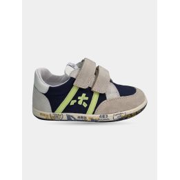 Sneakers Premiata beige e blu con bande verde lime, vista laterale