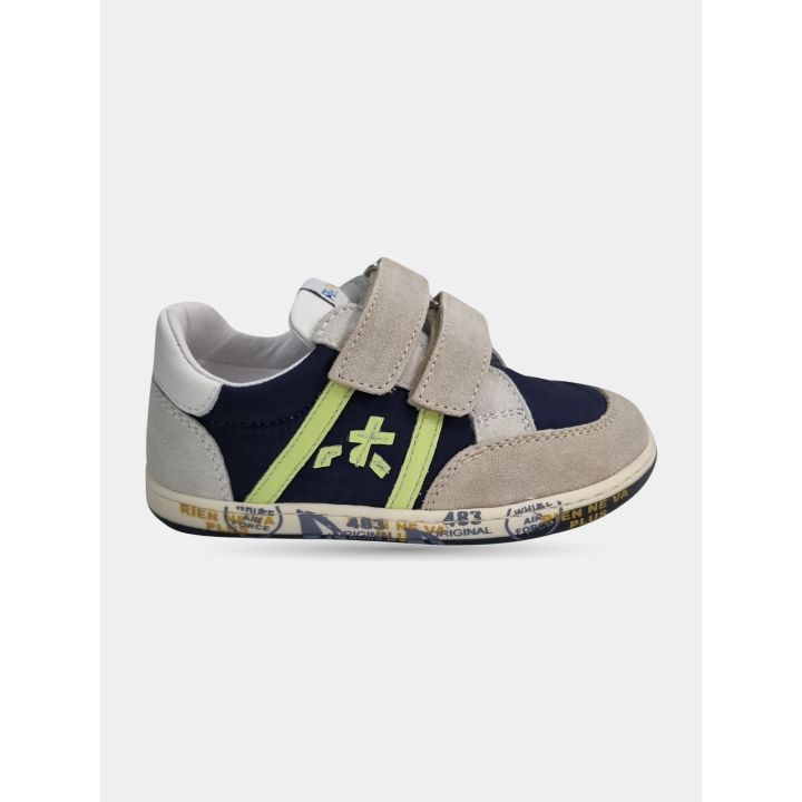 Sneakers Premiata beige e blu con bande verde lime, vista laterale