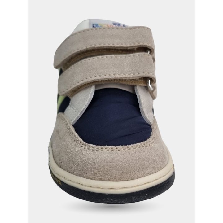 Punta e doppio strappo delle sneakers Premiata beige e blu, vista frontale