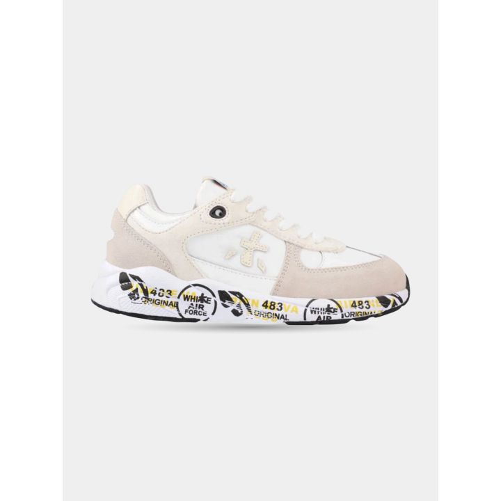 Sneakers Premiata bianche e beige con lacci, vista laterale