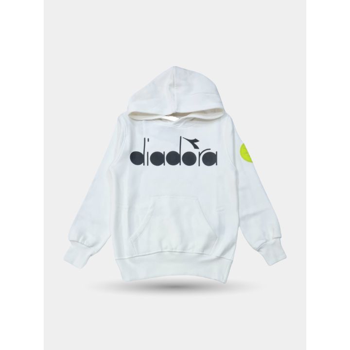 Felpa con cappuccio Diadora bianca da ragazzo, vista frontale con logo nero