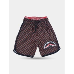 Costume Sprayground marrone a scacchi vista frontale con bocca di squalo