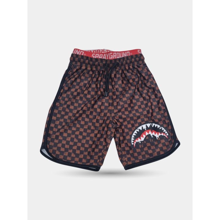 Costume Sprayground marrone a scacchi vista frontale con bocca di squalo