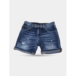 Bermuda jeans Patriot blu vista frontale con risvolto e piccoli strappi