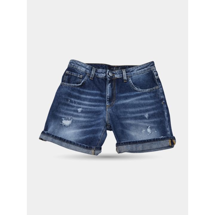 Bermuda jeans Patriot blu vista frontale con risvolto e piccoli strappi