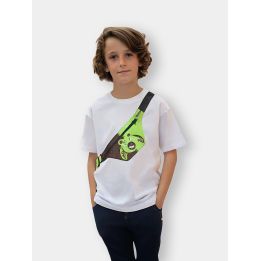 Bambino con la t-shirt Sprayground bianca e il marsupio Money Bear stampato