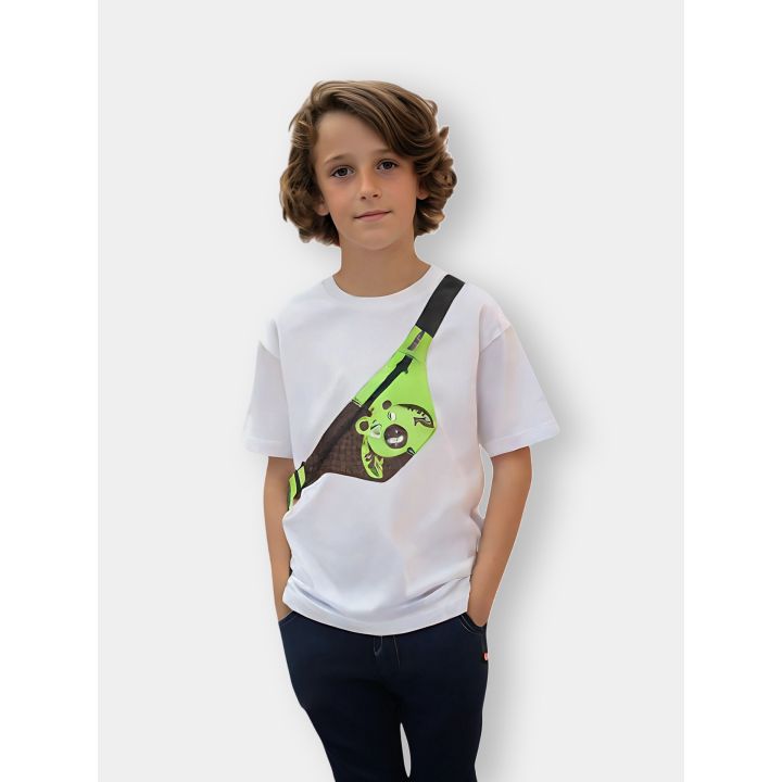 Bambino con la t-shirt Sprayground bianca e il marsupio Money Bear stampato