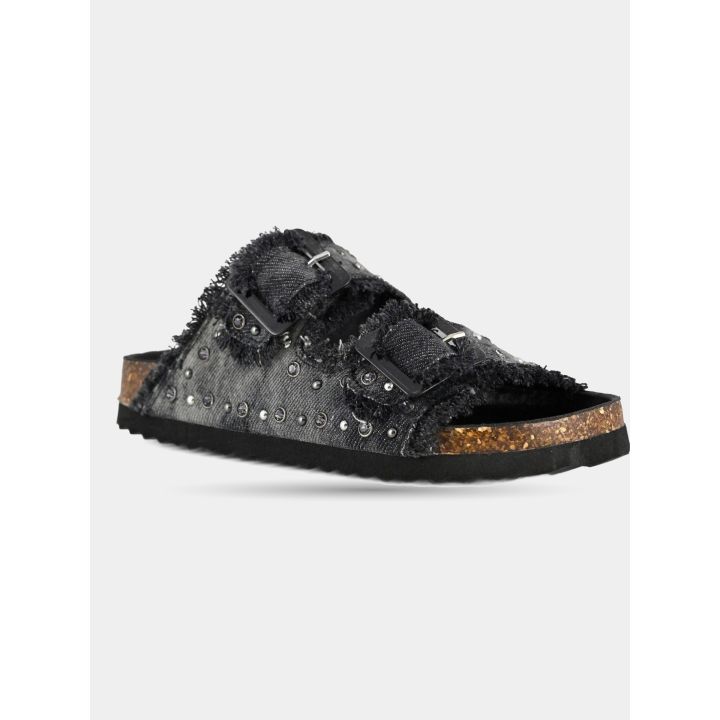 Sandalo in jeans nero sfrangiato Colors of California di tre quarti, con le due fibbie nere