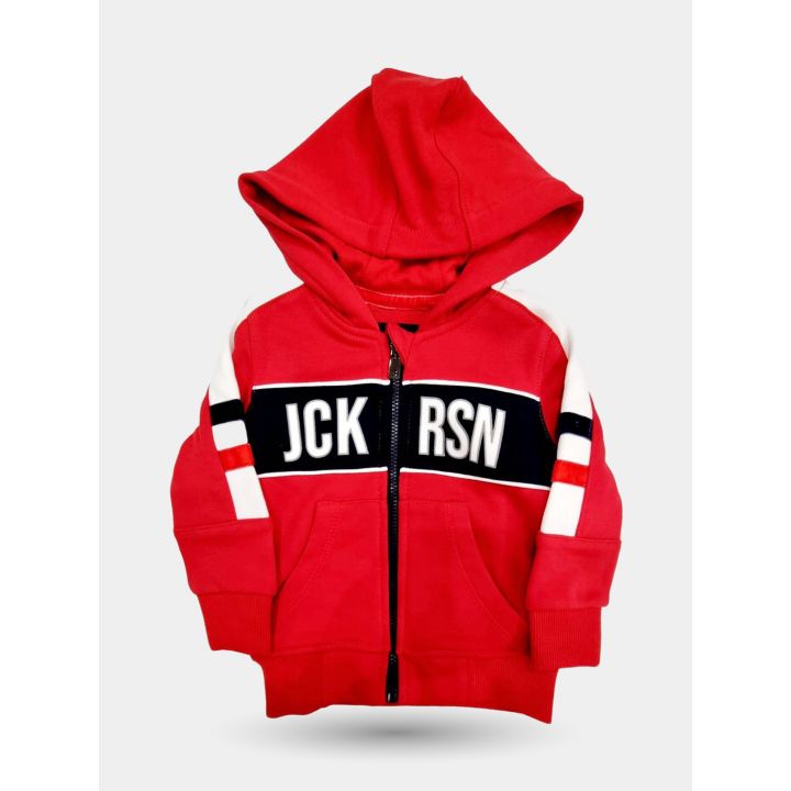 Felpa Jeckerson rossa da neonato con zip e cappuccio, vista frontale