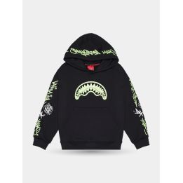 Felpa con cappuccio Sprayground nera vista frontale con squalo fosforescente