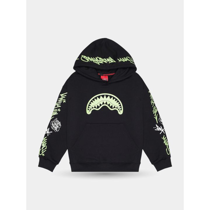 Felpa con cappuccio Sprayground nera vista frontale con squalo fosforescente