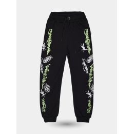 Pantalone tuta Sprayground nero vista frontale con graffiti bianchi e verdi